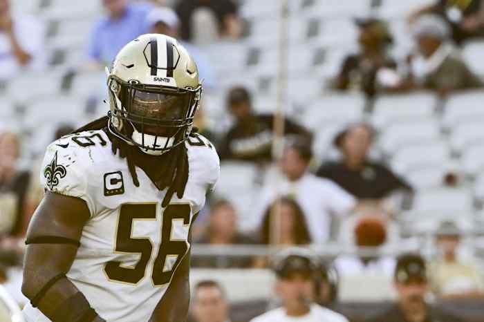 Sep 12, 2021; New Orleans Saints linebacker Demario Davis (56) looks down the line against the Green Bay Packers. Mandatory Credit: Tommy Gilligan-USA TODAY